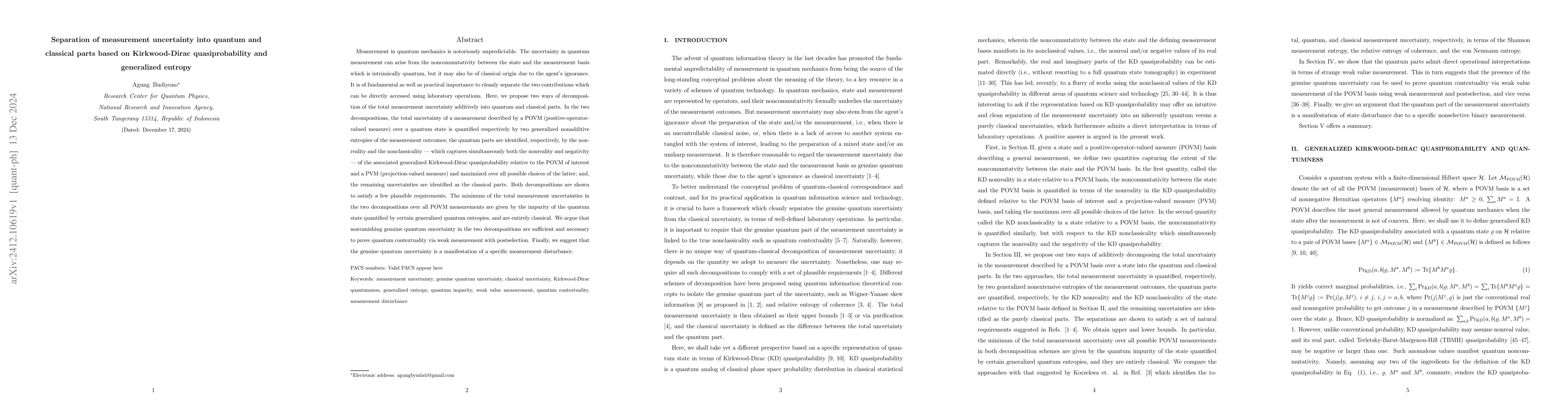 Thumbnail for Separation of measurement uncertainty into quantum and classical parts
  based on Kirkwood-Dirac quasiprobability and generalized entropy