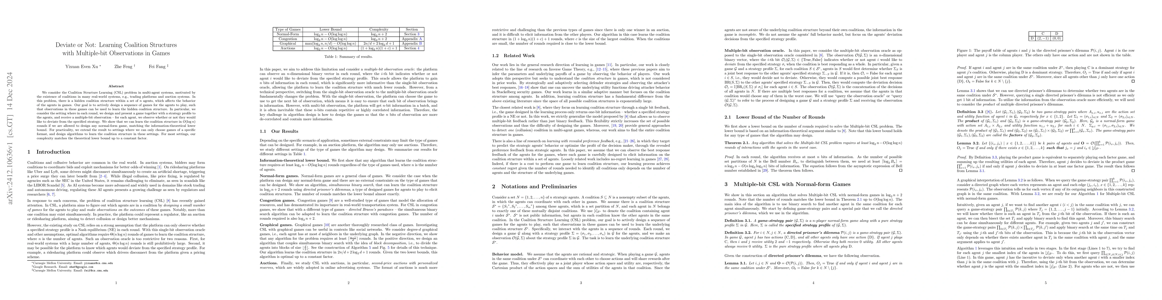 Thumbnail for Deviate or Not: Learning Coalition Structures with Multiple-bit
  Observations in Games