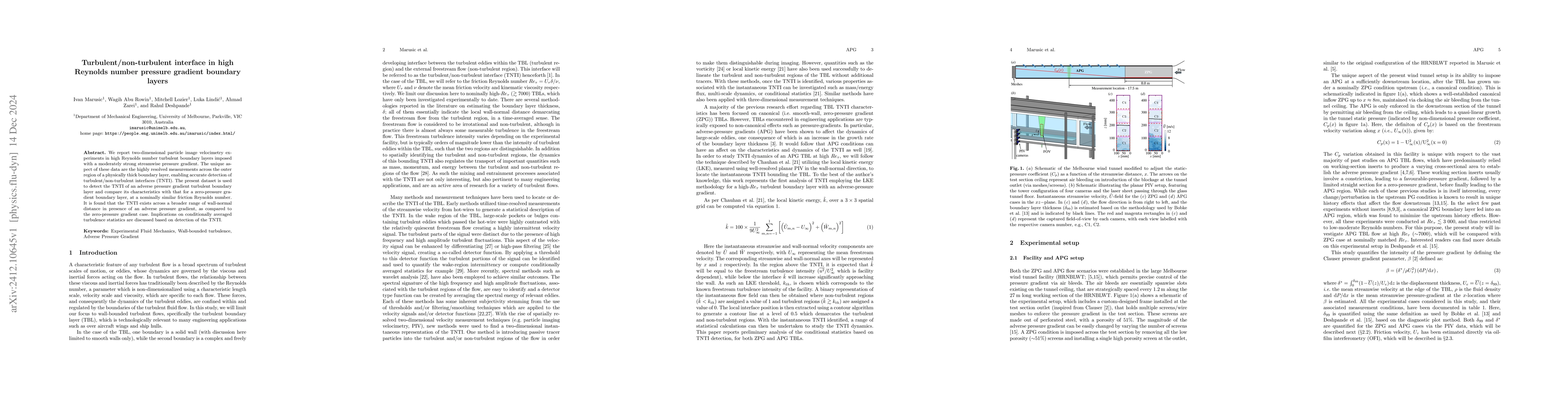 Thumbnail for Turbulent/non-turbulent interface in high Reynolds number pressure
  gradient boundary layers