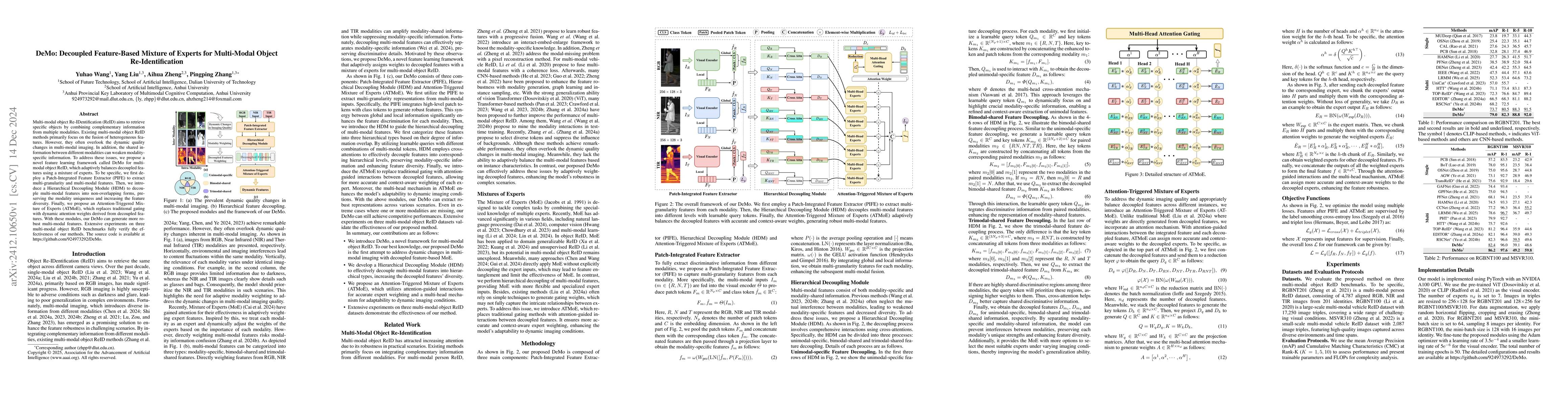Thumbnail for DeMo: Decoupled Feature-Based Mixture of Experts for Multi-Modal Object
  Re-Identification