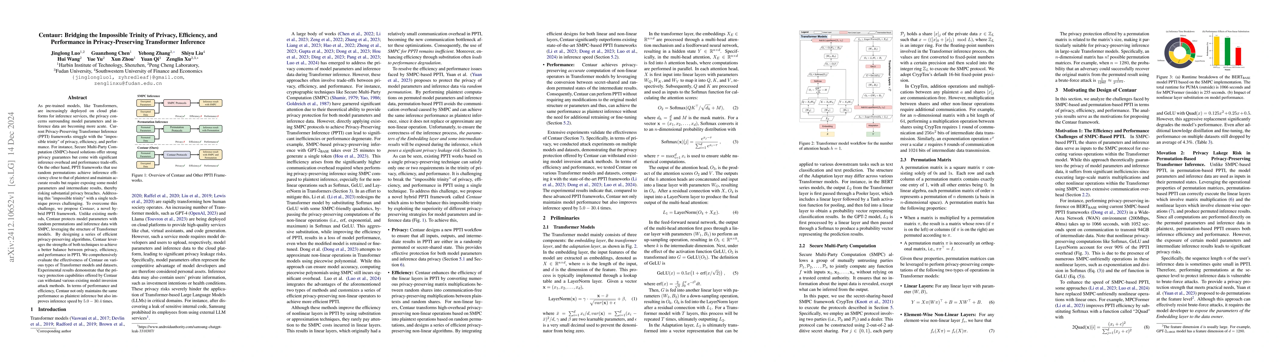 Thumbnail for Centaur: Bridging the Impossible Trinity of Privacy, Efficiency, and
  Performance in Privacy-Preserving Transformer Inference
