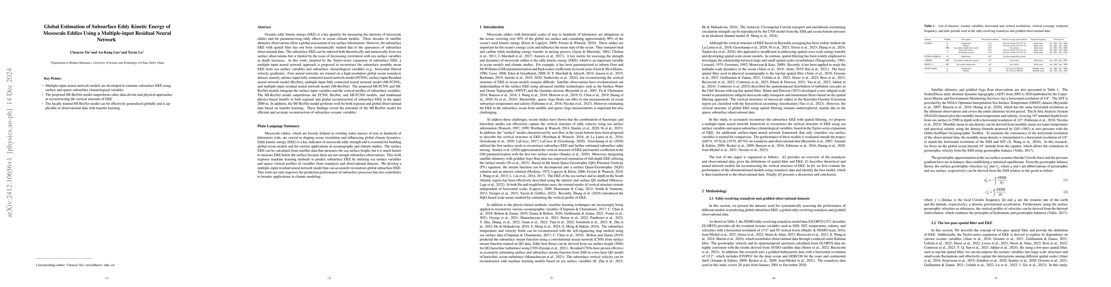 Thumbnail for Global Estimation of Subsurface Eddy Kinetic Energy of Mesoscale Eddies
  Using a Multiple-input Residual Neural Network