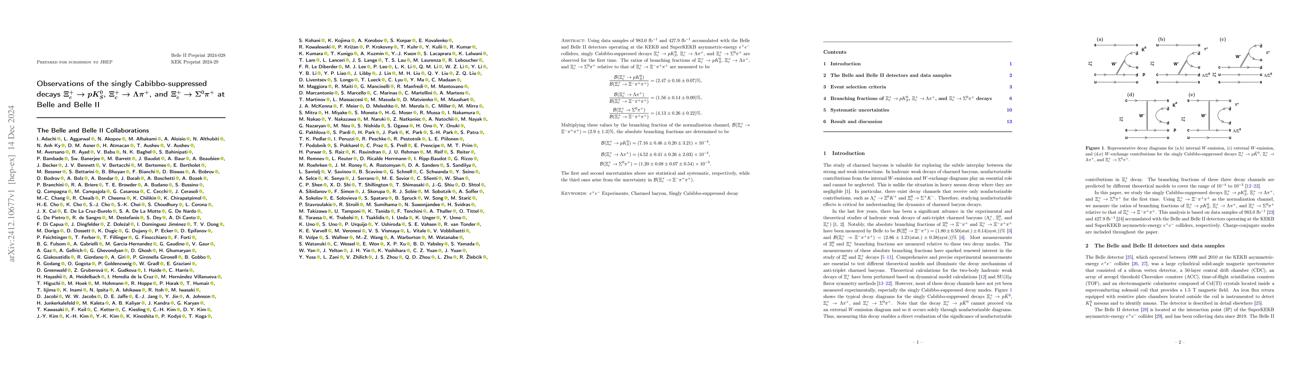 Thumbnail for Observations of the singly Cabibbo-suppressed decays $Ξ_c^{+} \to
  pK_{S}^{0}$, $Ξ_c^+ \to Λπ^+$, and $Ξ_c^+ \to Σ^{0} π^+$
  at Belle and Belle II