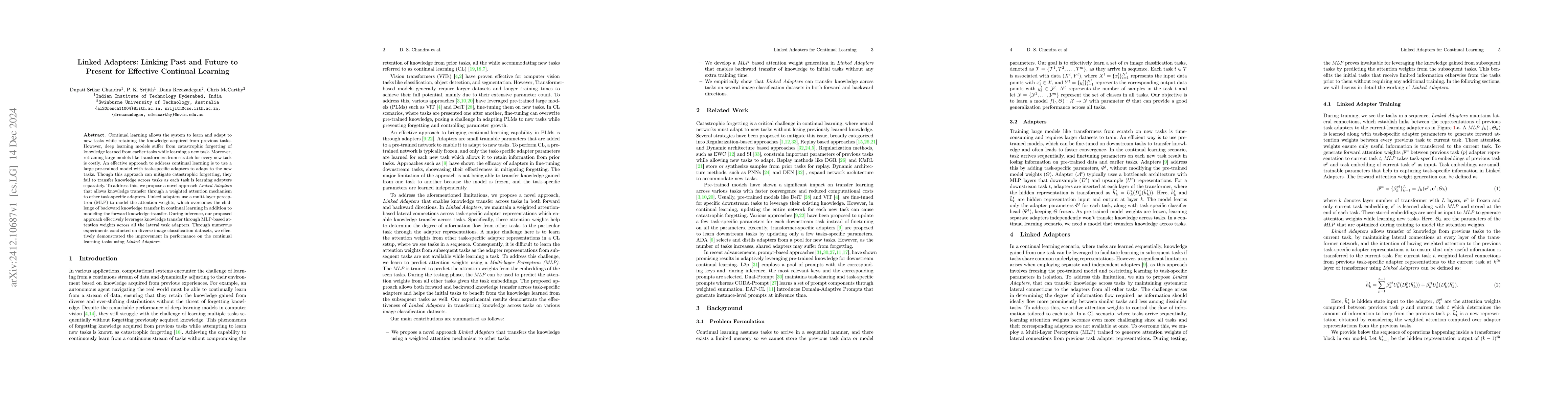Thumbnail for Linked Adapters: Linking Past and Future to Present for Effective
  Continual Learning