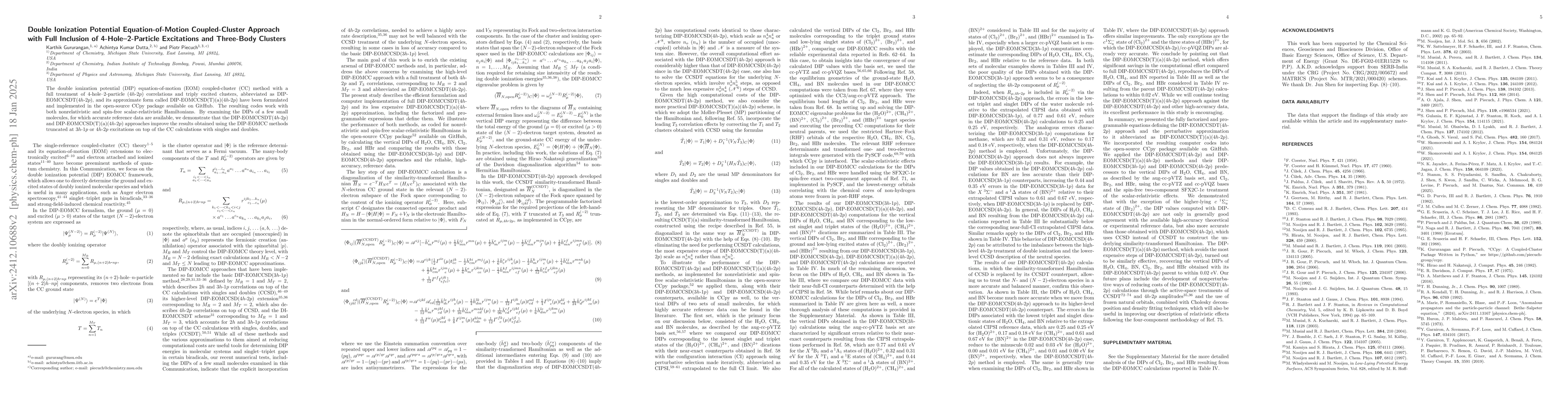Thumbnail for Double Ionization Potential Equation-of-Motion Coupled-Cluster Approach
  with Full Inclusion of 4-Hole-2-Particle Excitations and Three-Body Clusters