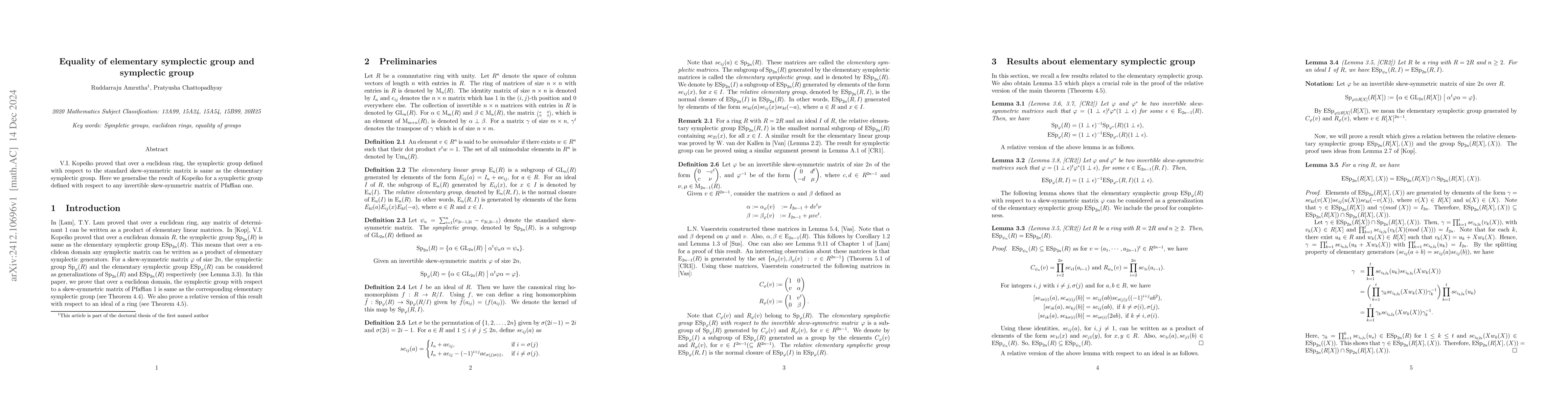 Thumbnail for Equality of elementary symplectic group and symplectic group