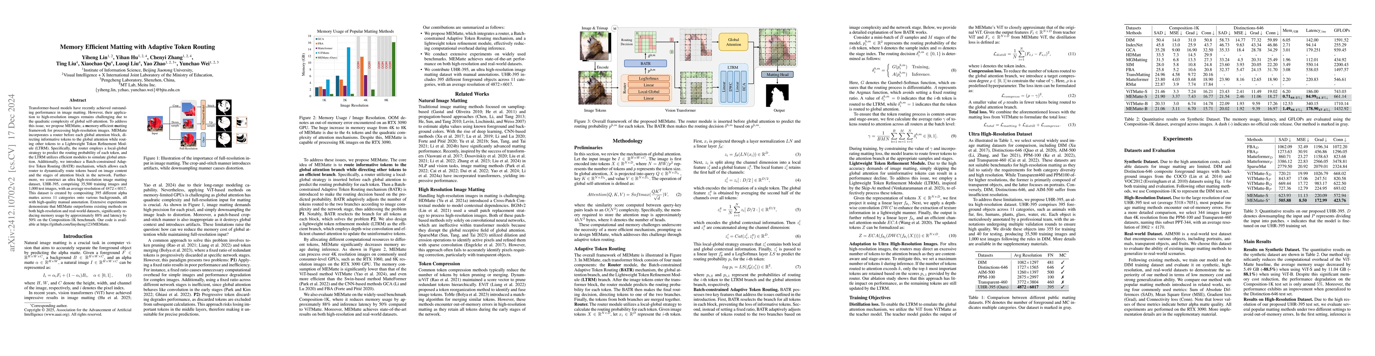 Thumbnail for Memory Efficient Matting with Adaptive Token Routing