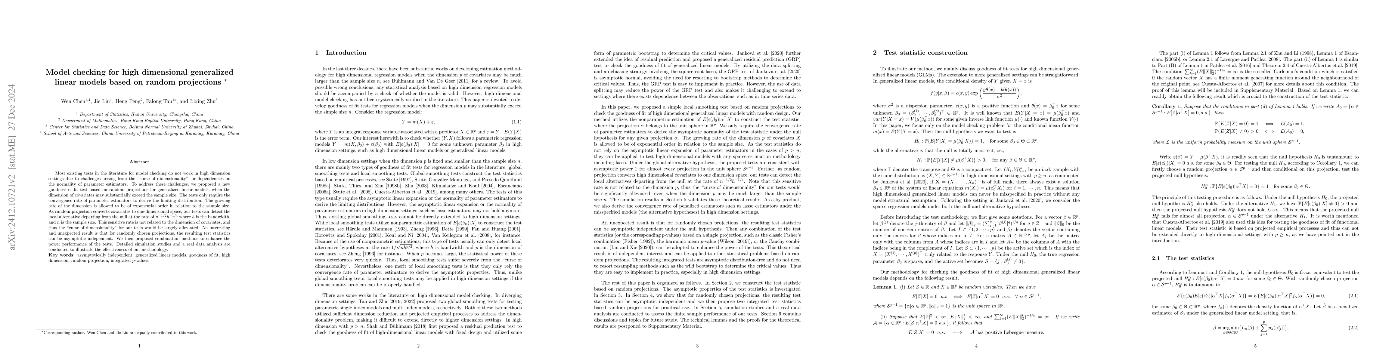Thumbnail for Model checking for high dimensional generalized linear models based on
  random projections