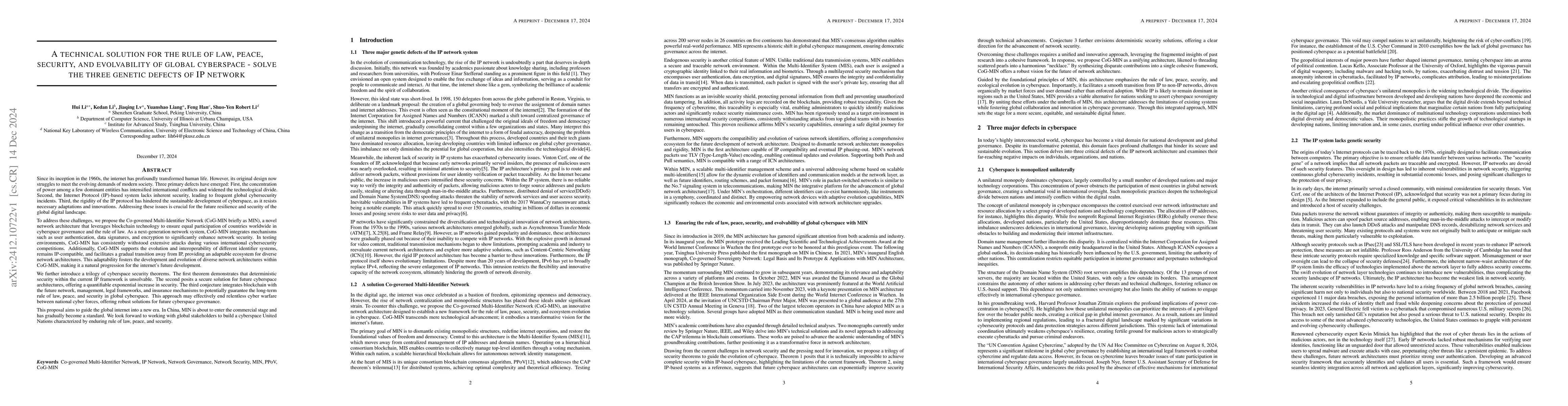 Thumbnail for A technical solution for the rule of law, peace, security, and
  evolvability of global cyberspace -- solve the three genetic defects of IP
  network