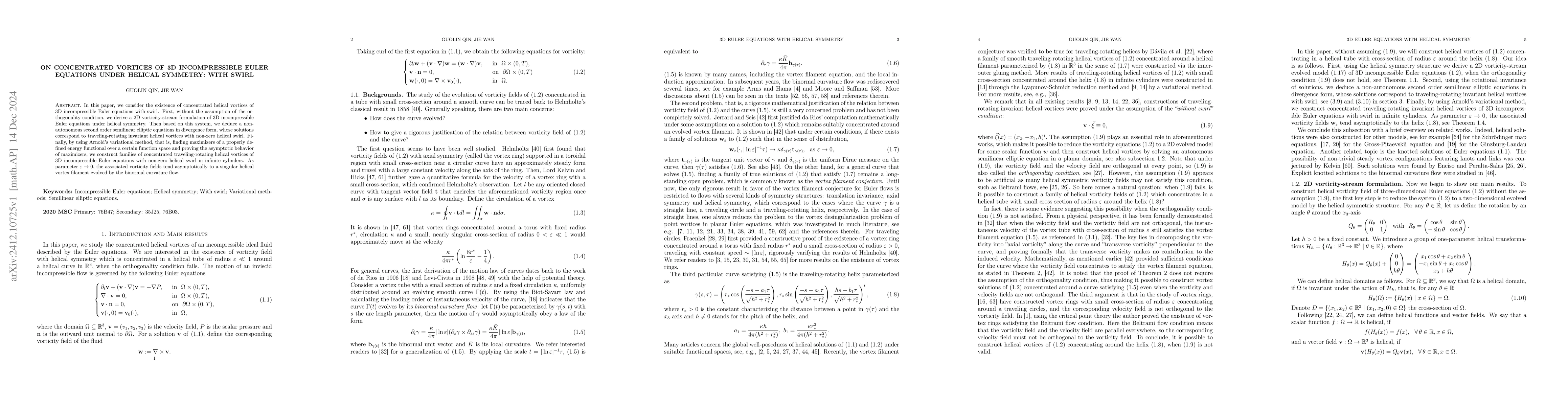 Thumbnail for On concentrated vortices of 3D incompressible Euler equations under
  helical symmetry: with swirl