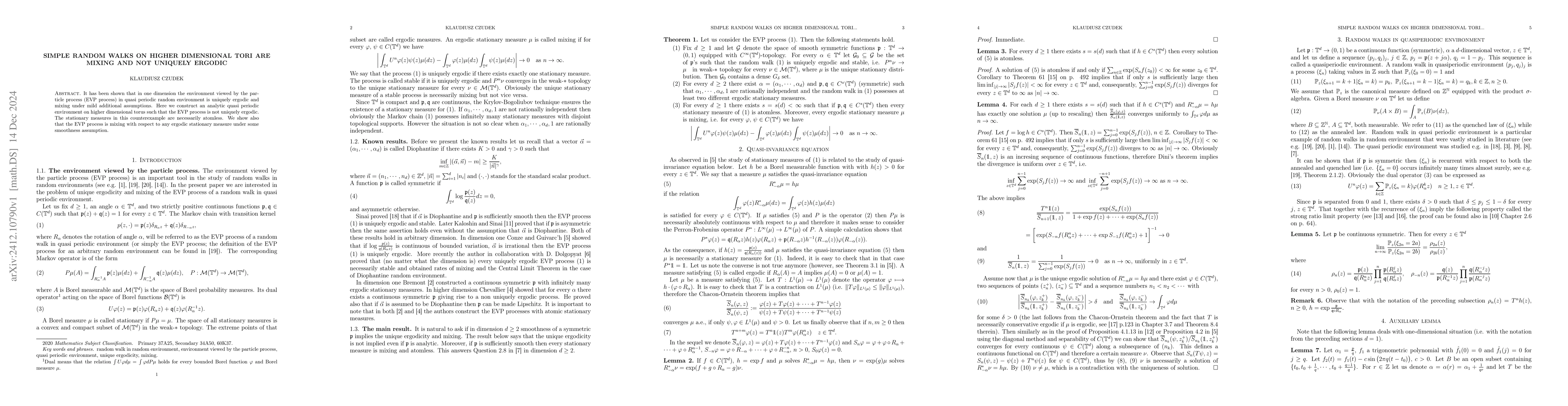 Thumbnail for Simple random walks on higher dimensional tori are mixing and not
  uniquely ergodic
