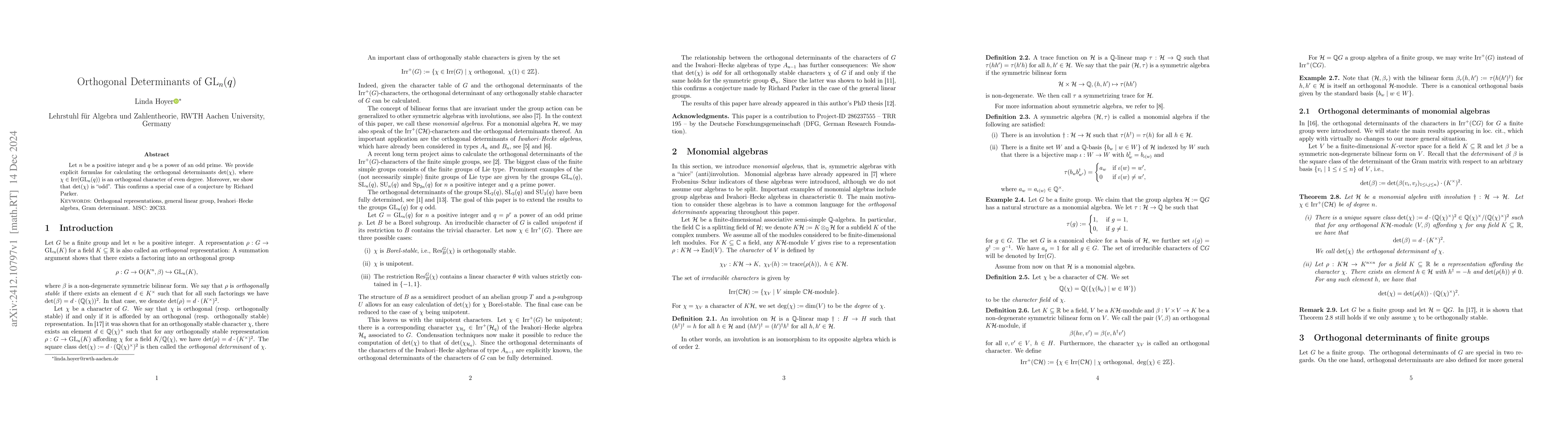Thumbnail for Orthogonal Determinants of $\mathrm{GL}_n(q)$