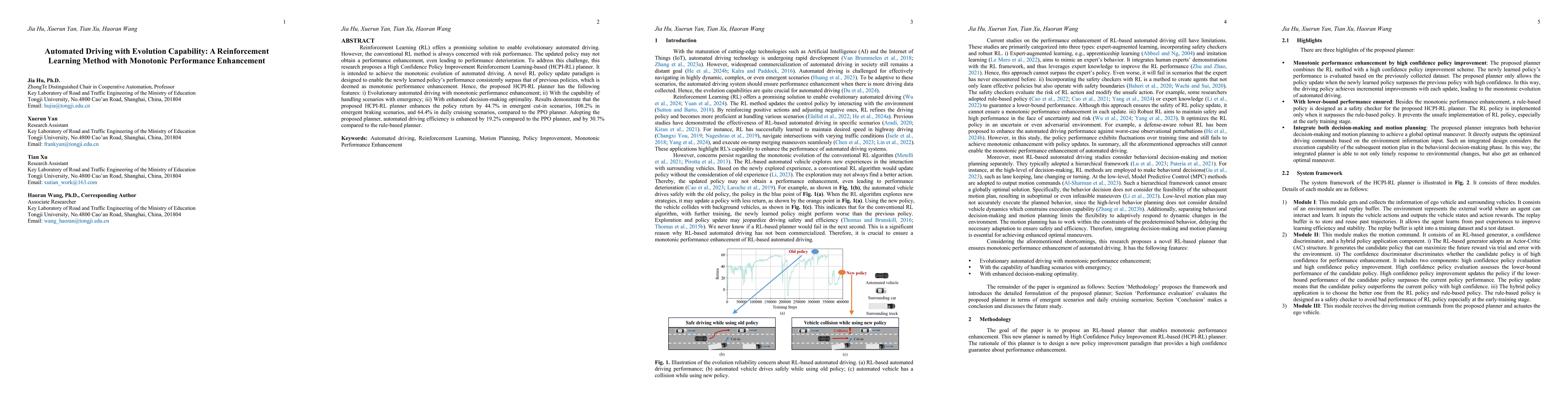 Thumbnail for Automated Driving with Evolution Capability: A Reinforcement Learning
  Method with Monotonic Performance Enhancement