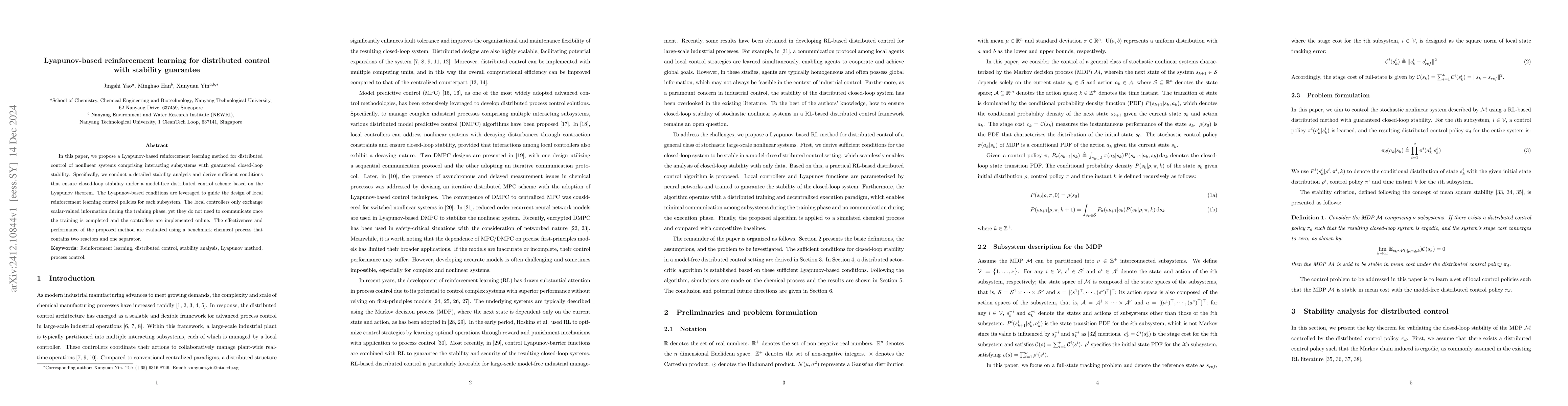 Thumbnail for Lyapunov-based reinforcement learning for distributed control with
  stability guarantee