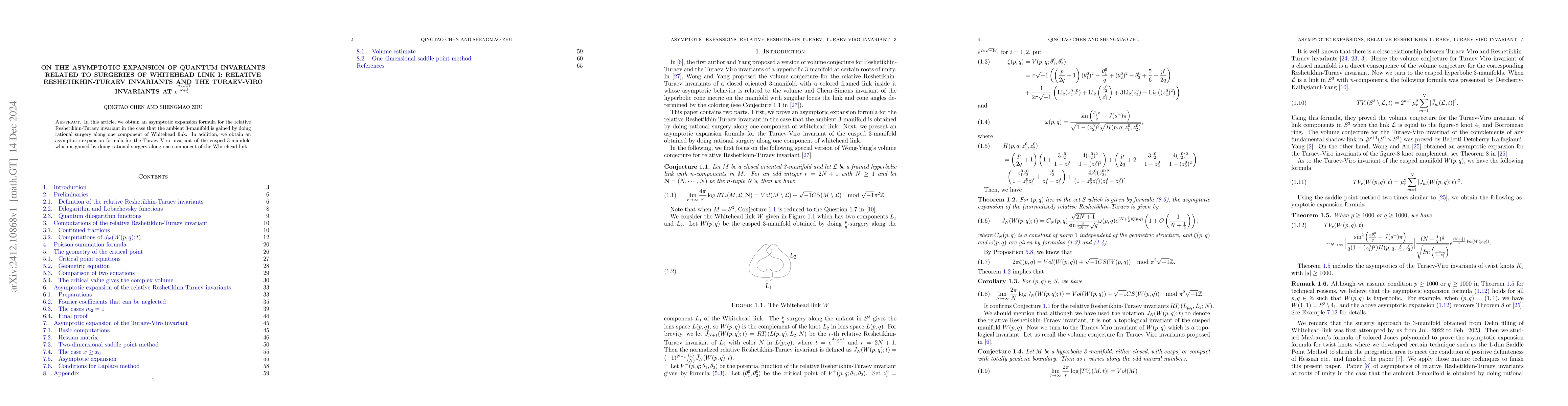 Thumbnail for On the asymptotic expansion of quantum invariants related to surgeries
  of Whitehead link I: Relative Reshetikhin-Turaev invariants and the
  Turaev-Viro invariants at $e^{\frac{2π\sqrt{-1}}{N+\frac{1}{2}}}$