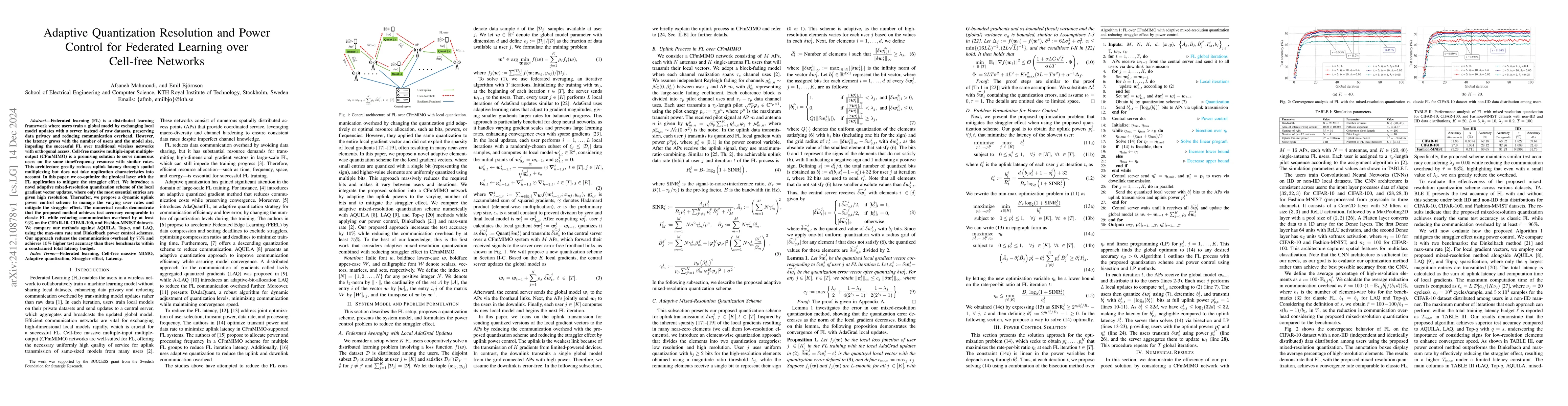 Thumbnail for Adaptive Quantization Resolution and Power Control for Federated
  Learning over Cell-free Networks