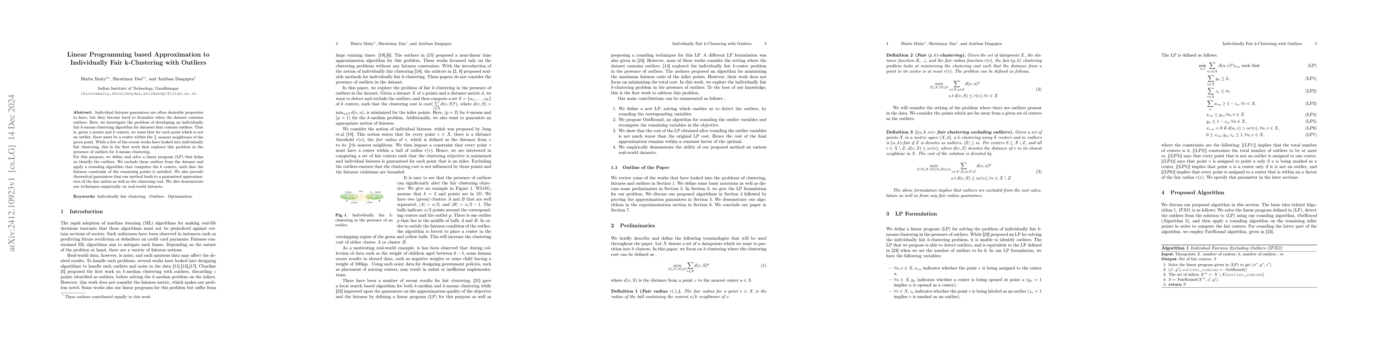 Thumbnail for Linear Programming based Approximation to Individually Fair k-Clustering
  with Outliers