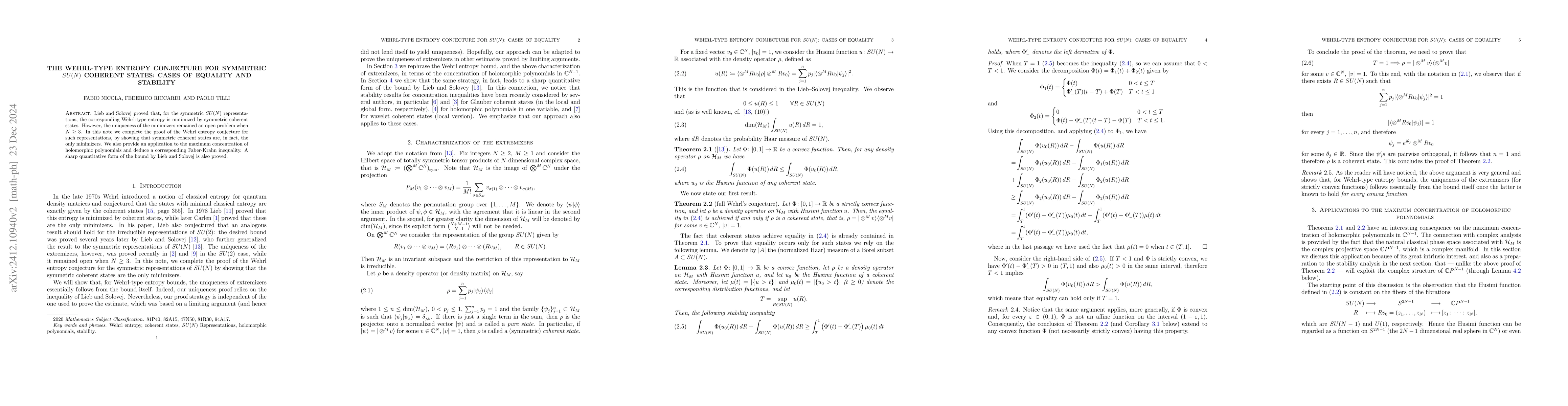 Thumbnail for The Wehrl-type entropy conjecture for symmetric $SU(N)$ coherent states:
  cases of equality and stability
