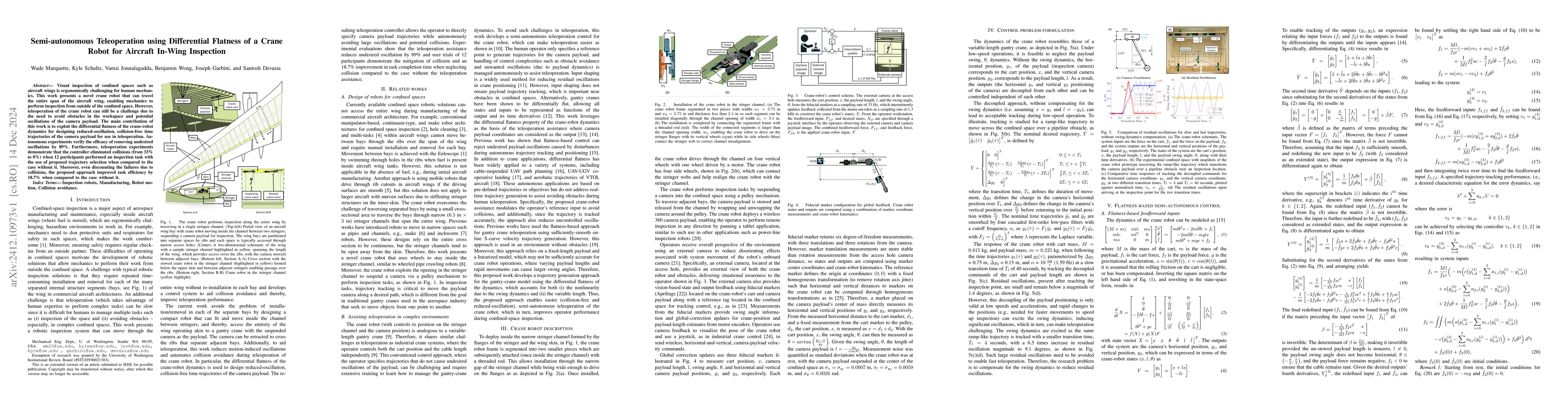 Thumbnail for Semi-autonomous Teleoperation using Differential Flatness of a Crane
  Robot for Aircraft In-Wing Inspection