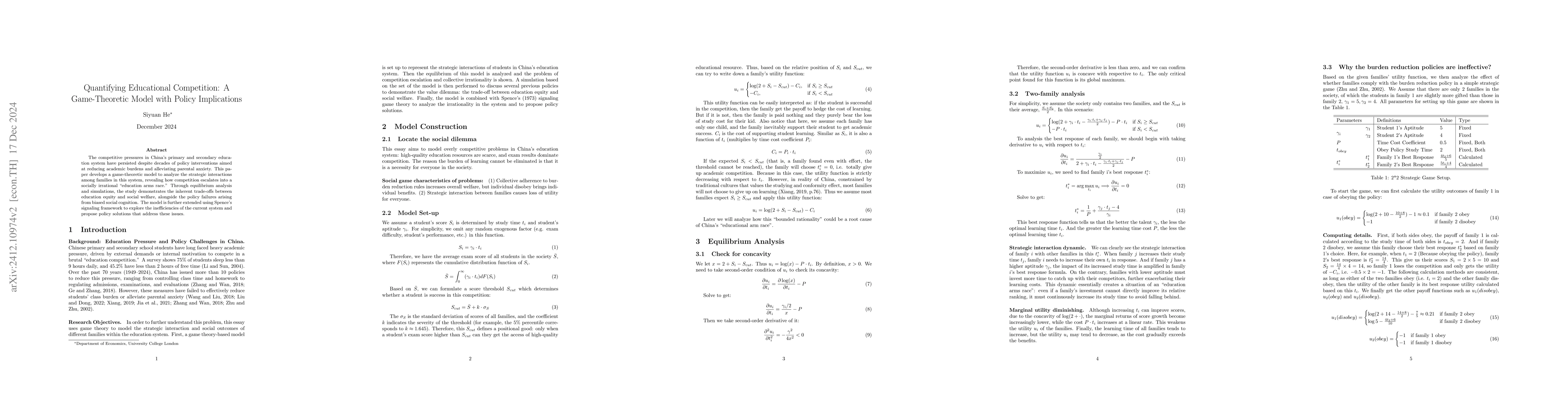 Thumbnail for Quantifying Educational Competition: A Game-Theoretic Model with Policy
  Implications