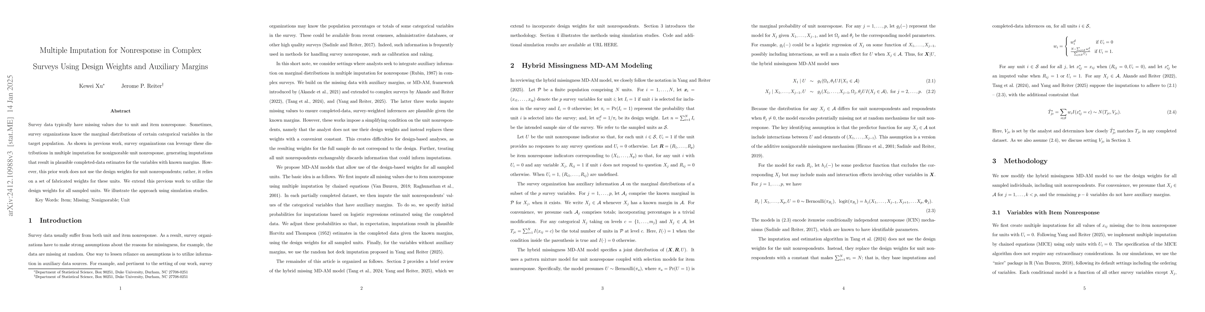 Thumbnail for Multiple Imputation for Nonresponse in Complex Surveys Using Design
  Weights and Auxiliary Margins