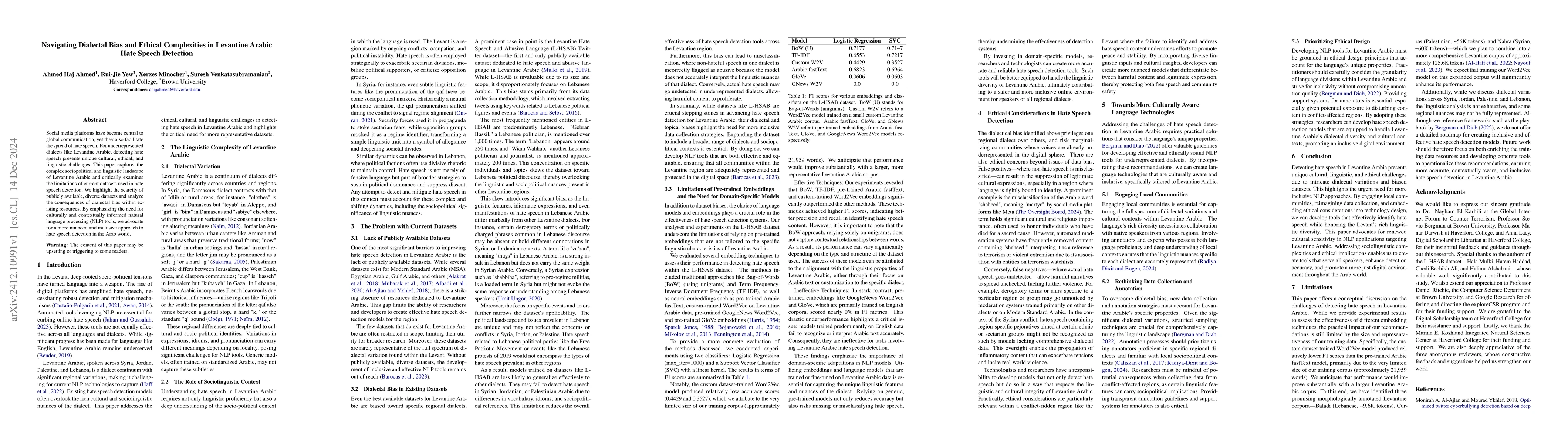 Thumbnail for Navigating Dialectal Bias and Ethical Complexities in Levantine Arabic
  Hate Speech Detection