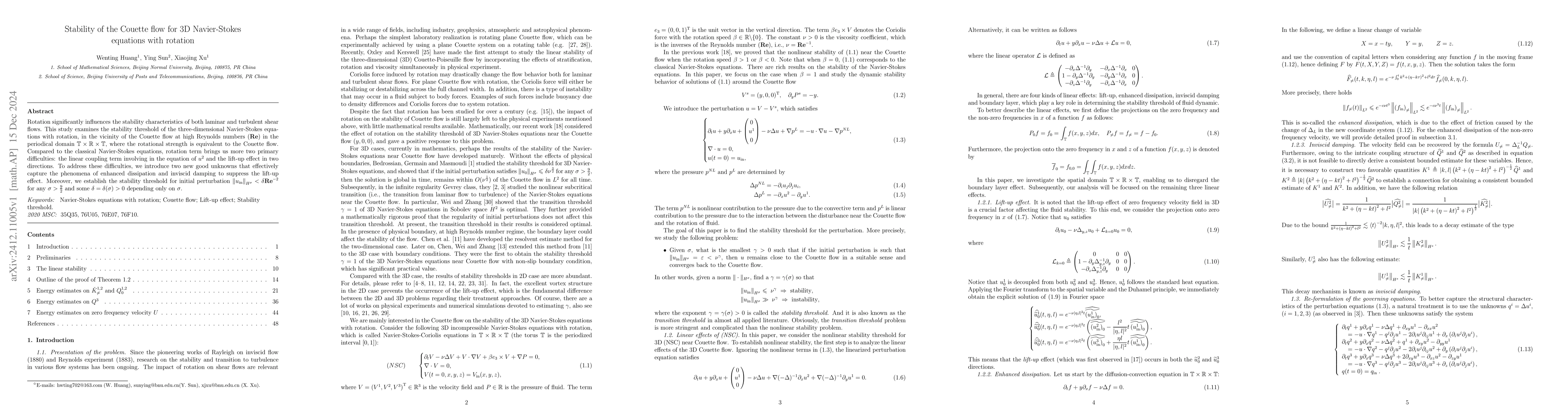 Thumbnail for Stability of the Couette flow for 3D Navier-Stokes equations with
  rotation
