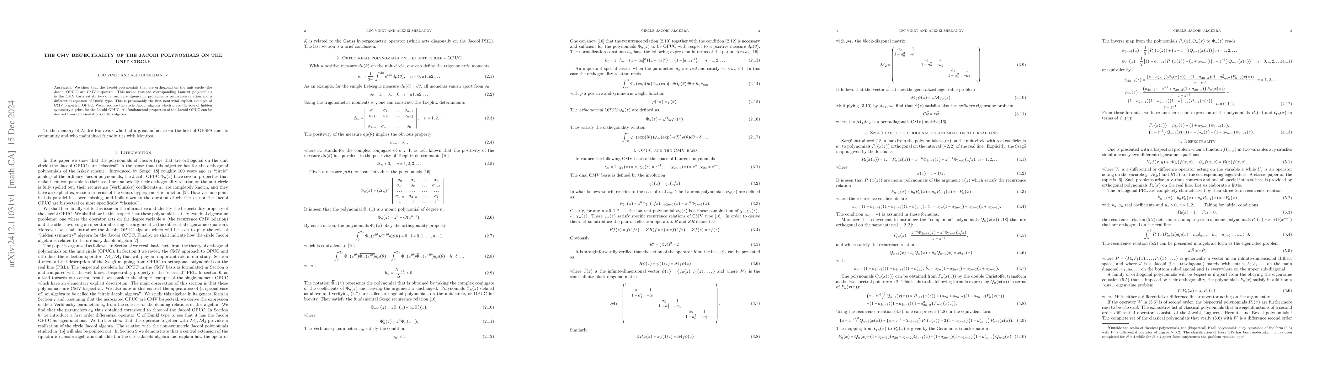 Thumbnail for The CMV bispectrality of the Jacobi polynomials on the unit circle