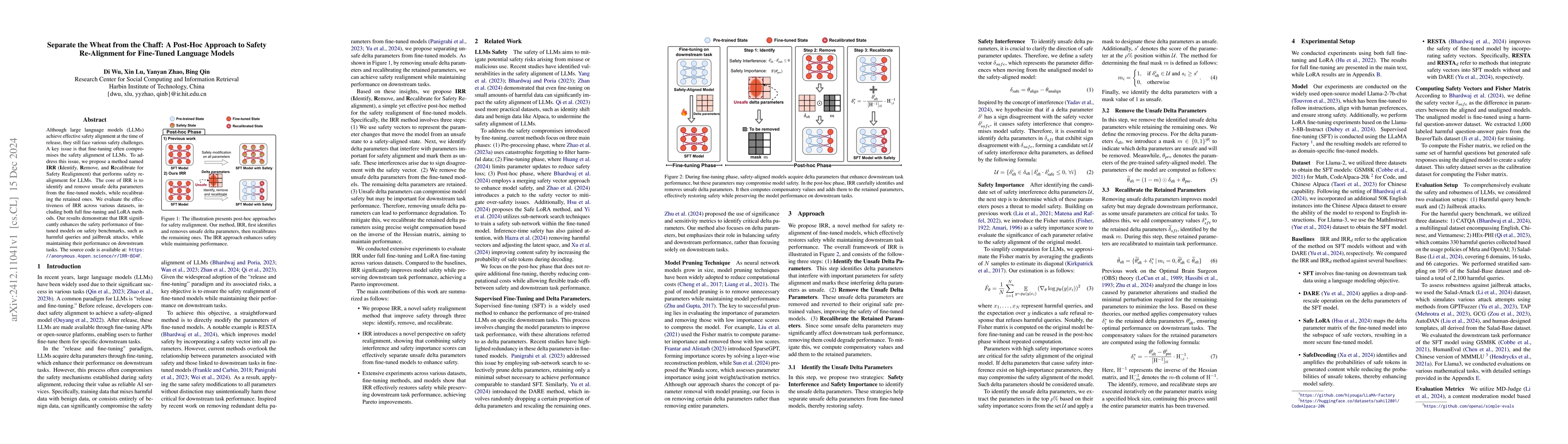 Thumbnail for Separate the Wheat from the Chaff: A Post-Hoc Approach to Safety
  Re-Alignment for Fine-Tuned Language Models