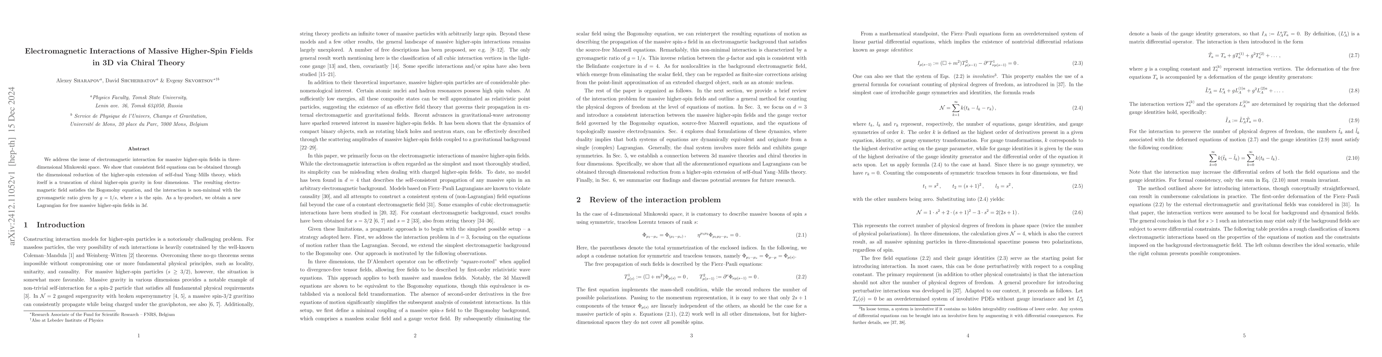 Thumbnail for Electromagnetic Interactions of Massive Higher-Spin Fields in 3D via
  Chiral Theory