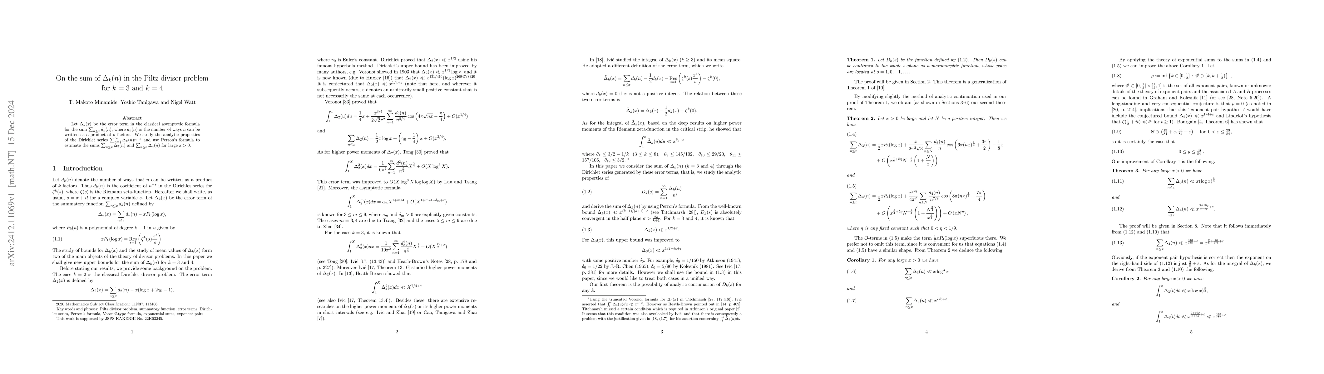 Thumbnail for On the sum of $Δ_{k}(n)$ in the Piltz divisor problem for $k=3$ and
  $k=4$