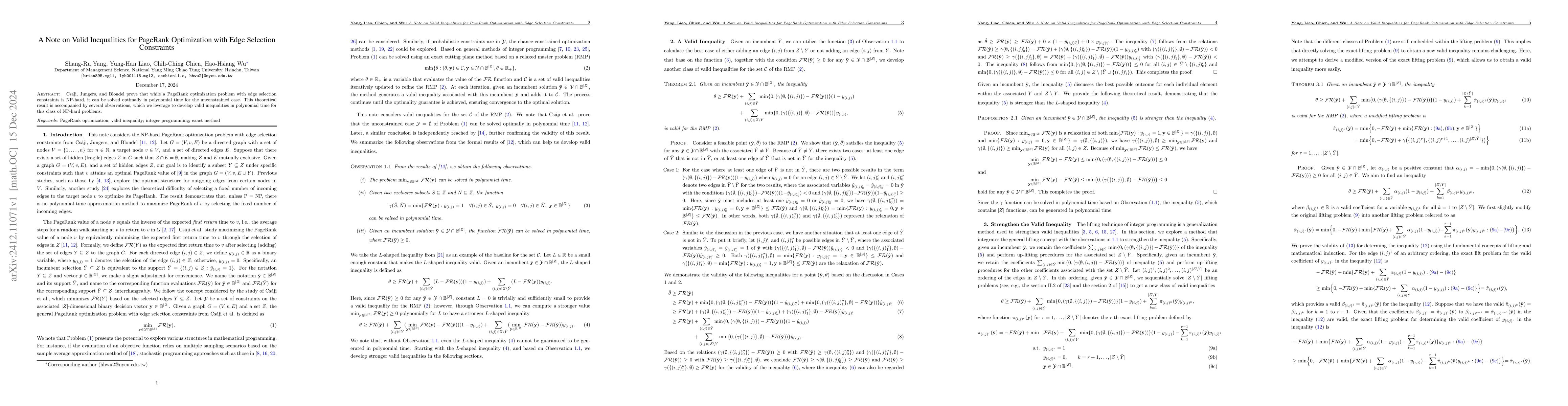 Thumbnail for A Note on Valid Inequalities for PageRank Optimization with Edge
  Selection Constraints