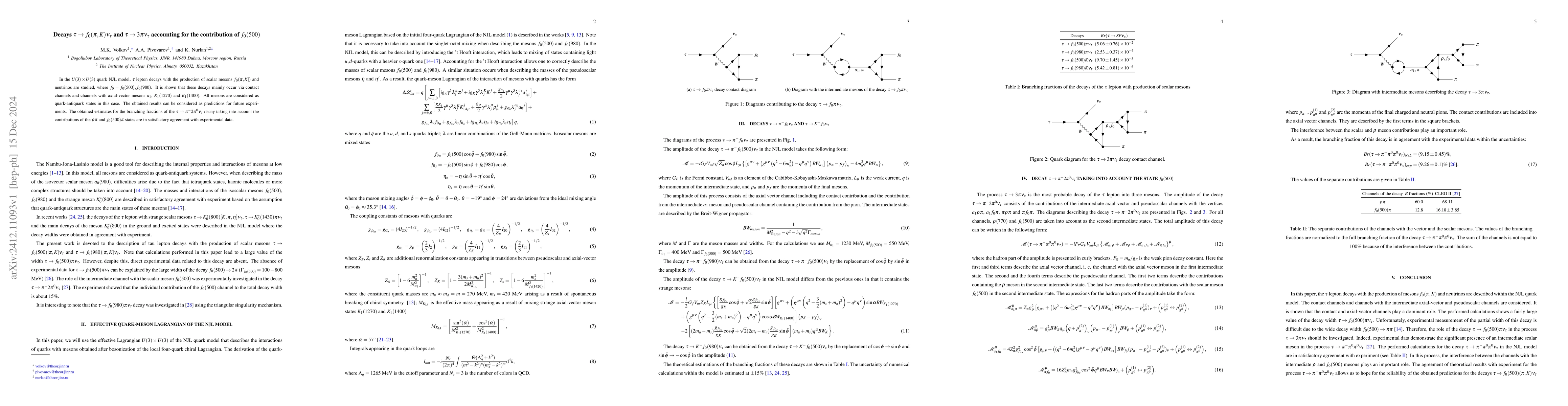 Thumbnail for Decays $τ\to f_0(π,K) ν_τ$ and $τ\to 3 πν_τ$
  accounting for the contribution of $f_0(500)$
