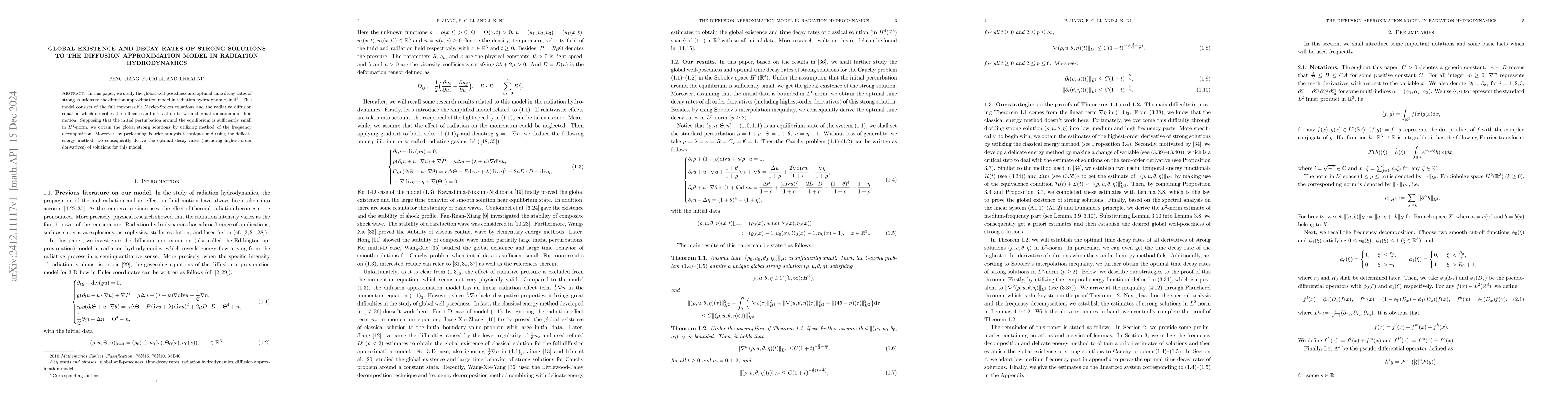 Thumbnail for Global existence and decay rates of strong solutions to the diffusion
  approximation model in radiation hydrodynamics
