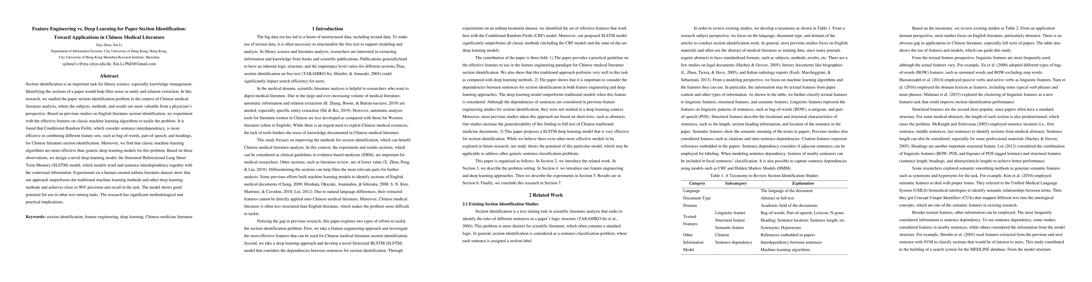 Thumbnail for Feature engineering vs. deep learning for paper section identification:
  Toward applications in Chinese medical literature
