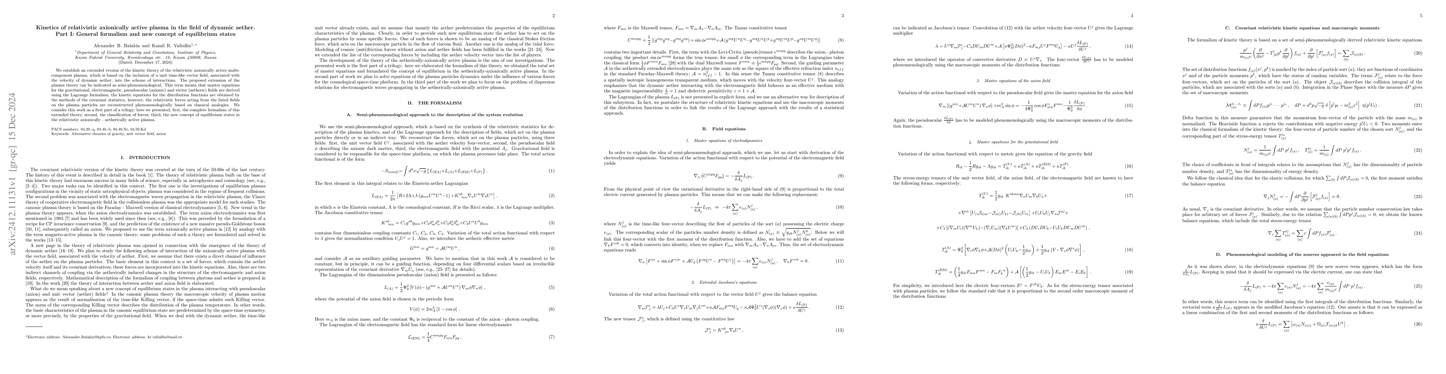 Thumbnail for Kinetics of relativistic axionically active plasma in the field of
  dynamic aether. Part I: General formalism and new concept of equilibrium
  states