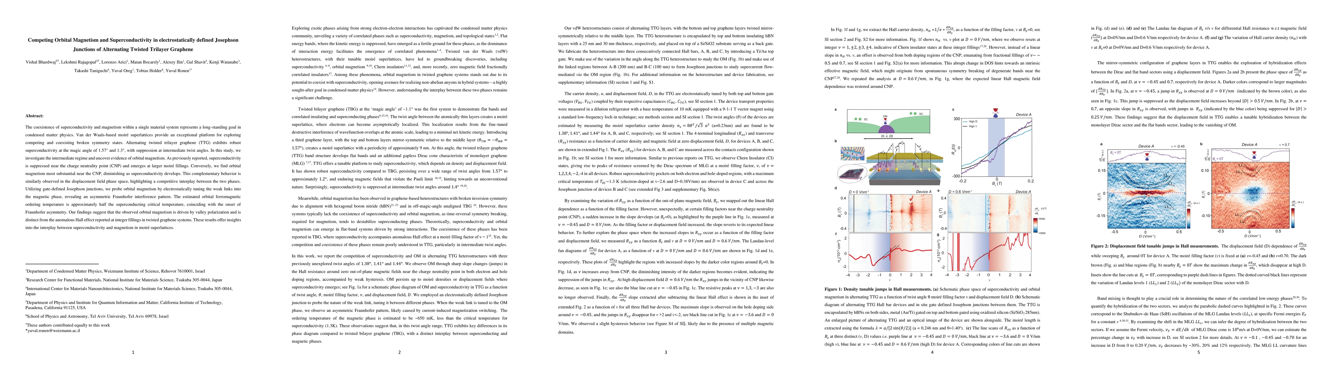 Thumbnail for Competing Orbital Magnetism and Superconductivity in electrostatically
  defined Josephson Junctions of Alternating Twisted Trilayer Graphene