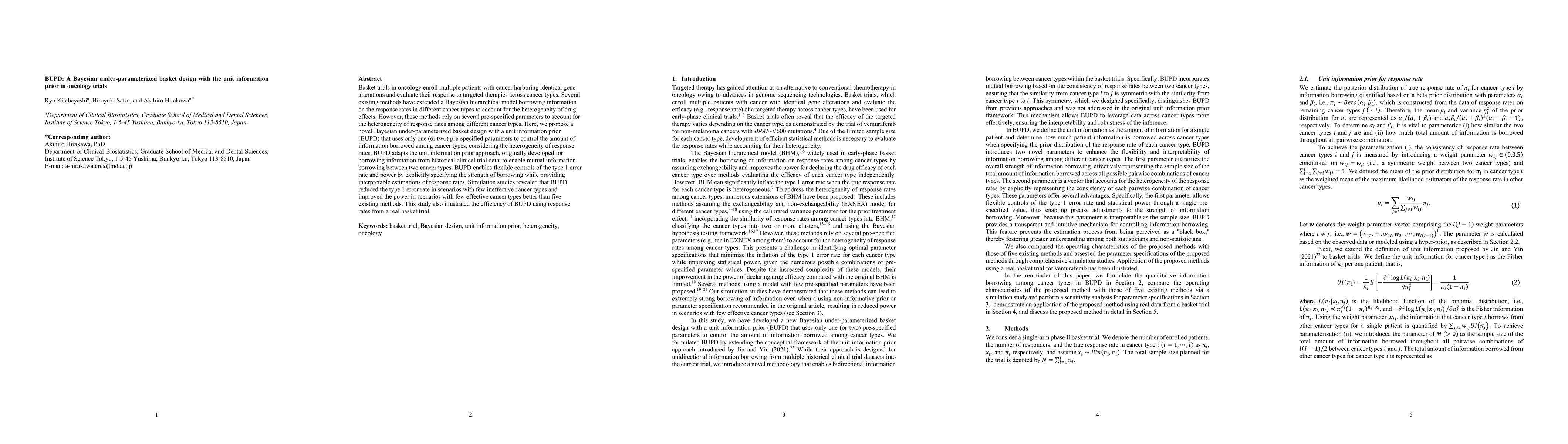 Thumbnail for BUPD: A Bayesian under-parameterized basket design with the unit
  information prior in oncology trials