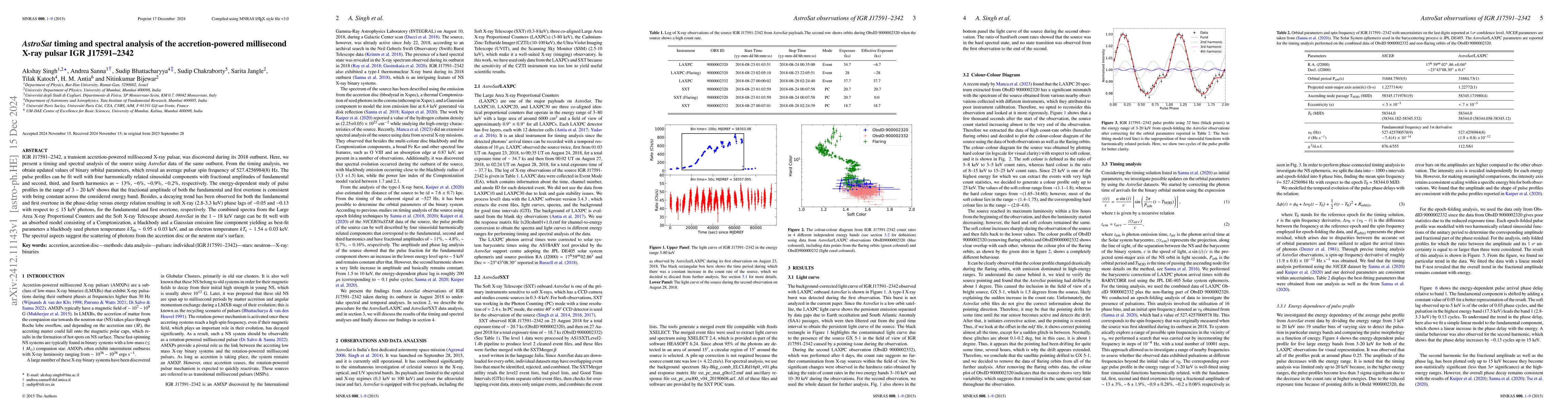Thumbnail for AstroSat timing and spectral analysis of the accretion-powered
  millisecond X-ray pulsar IGR J17591--2342