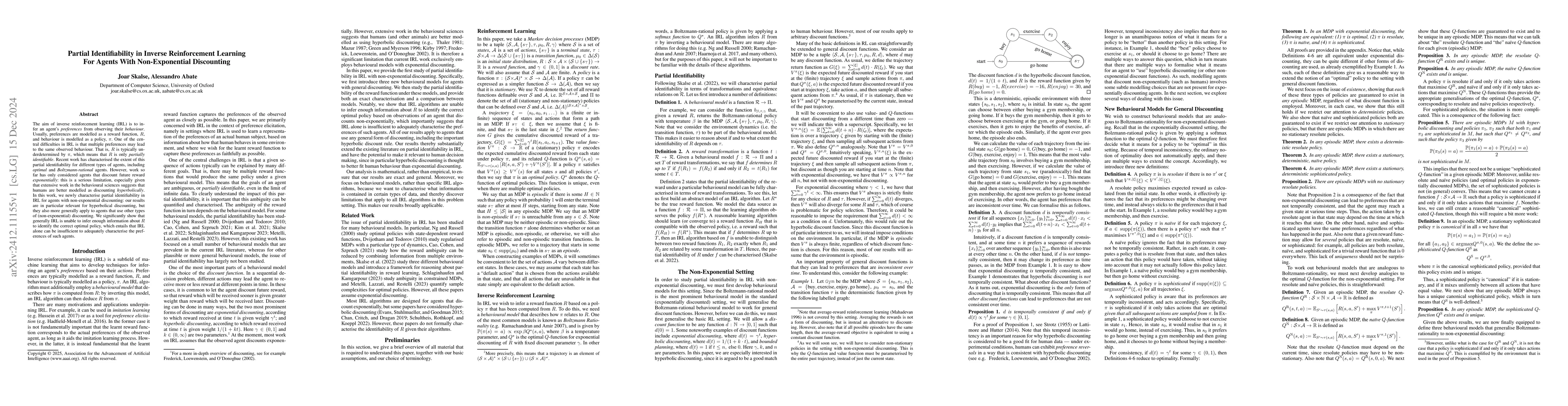Thumbnail for Partial Identifiability in Inverse Reinforcement Learning For Agents
  With Non-Exponential Discounting