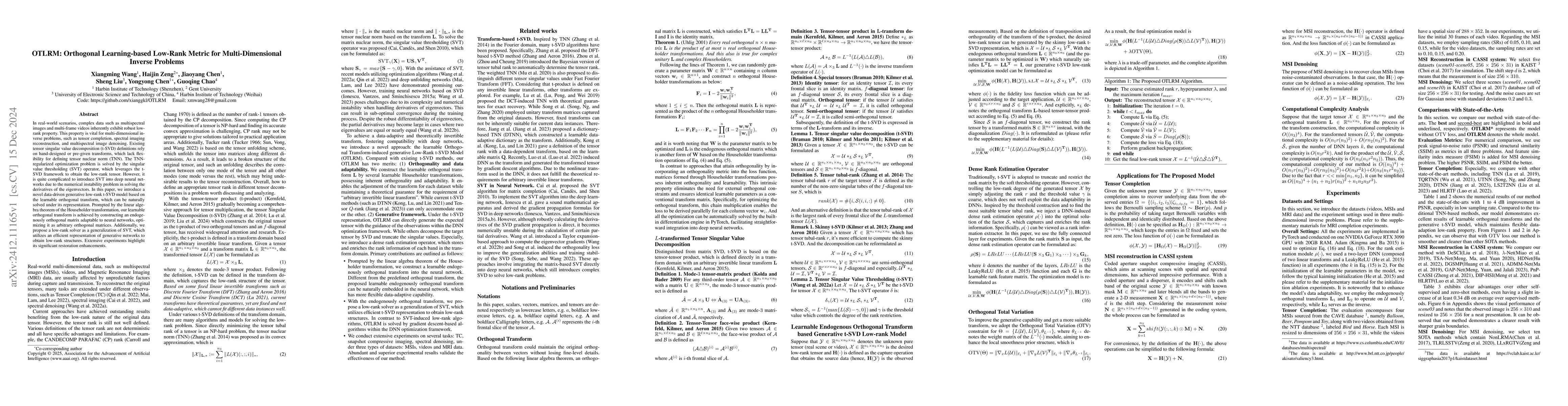 Thumbnail for OTLRM: Orthogonal Learning-based Low-Rank Metric for Multi-Dimensional
  Inverse Problems