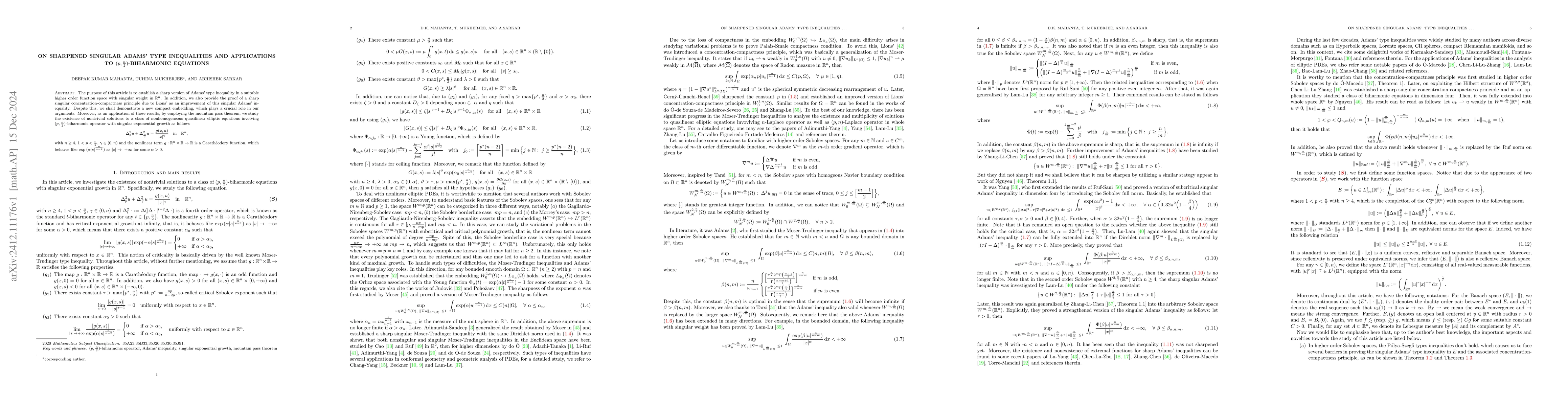 Thumbnail for On sharpened singular Adams' type inequalities and applications to
  $(p,\frac{n}{2})$-biharmonic equations