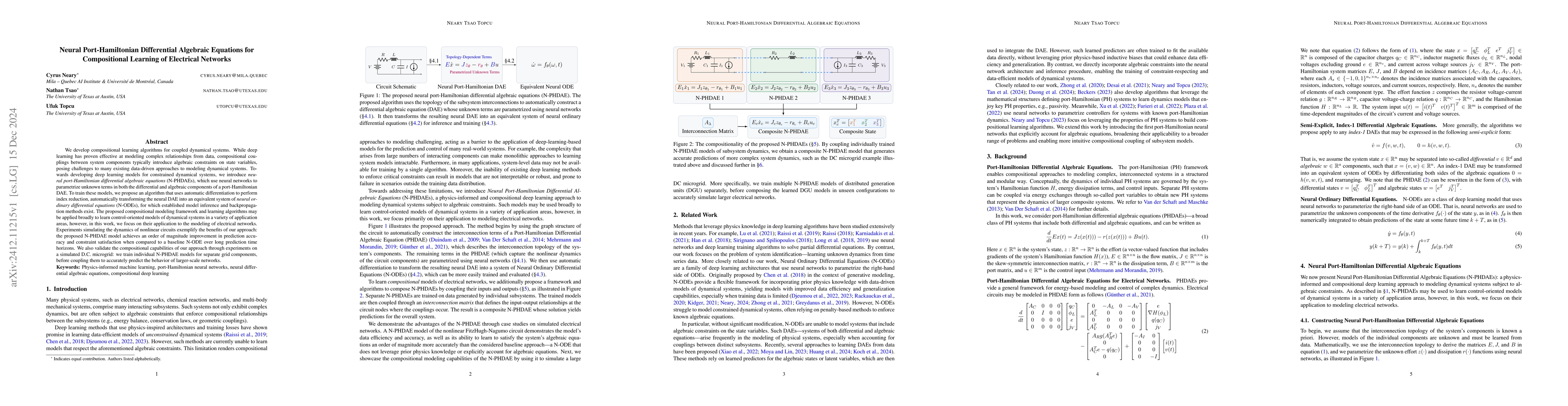 Thumbnail for Neural Port-Hamiltonian Differential Algebraic Equations for
  Compositional Learning of Electrical Networks