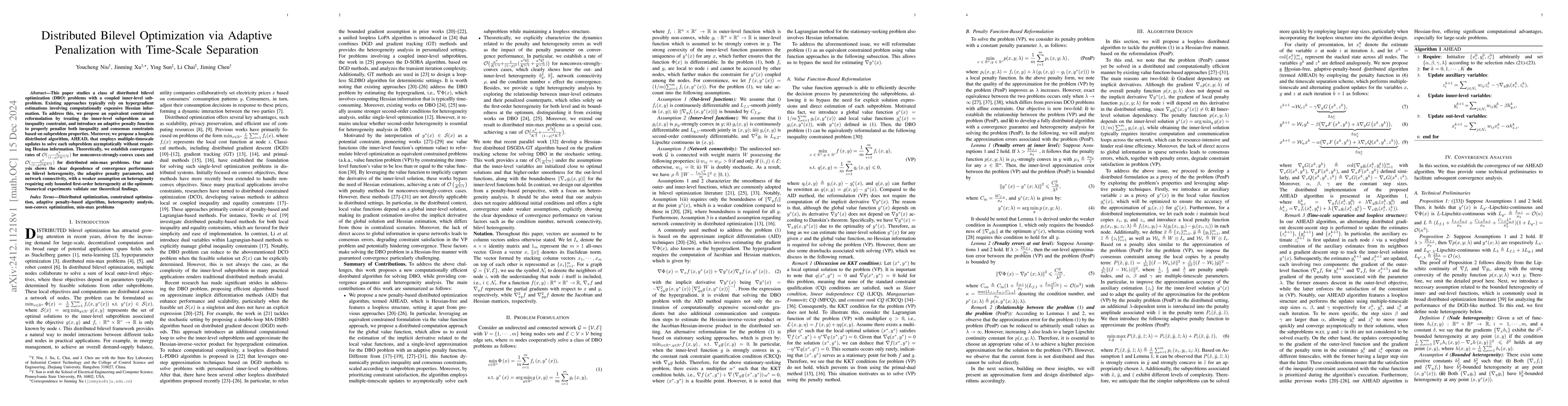 Thumbnail for Distributed Bilevel Optimization via Adaptive Penalization with
  Time-Scale Separation