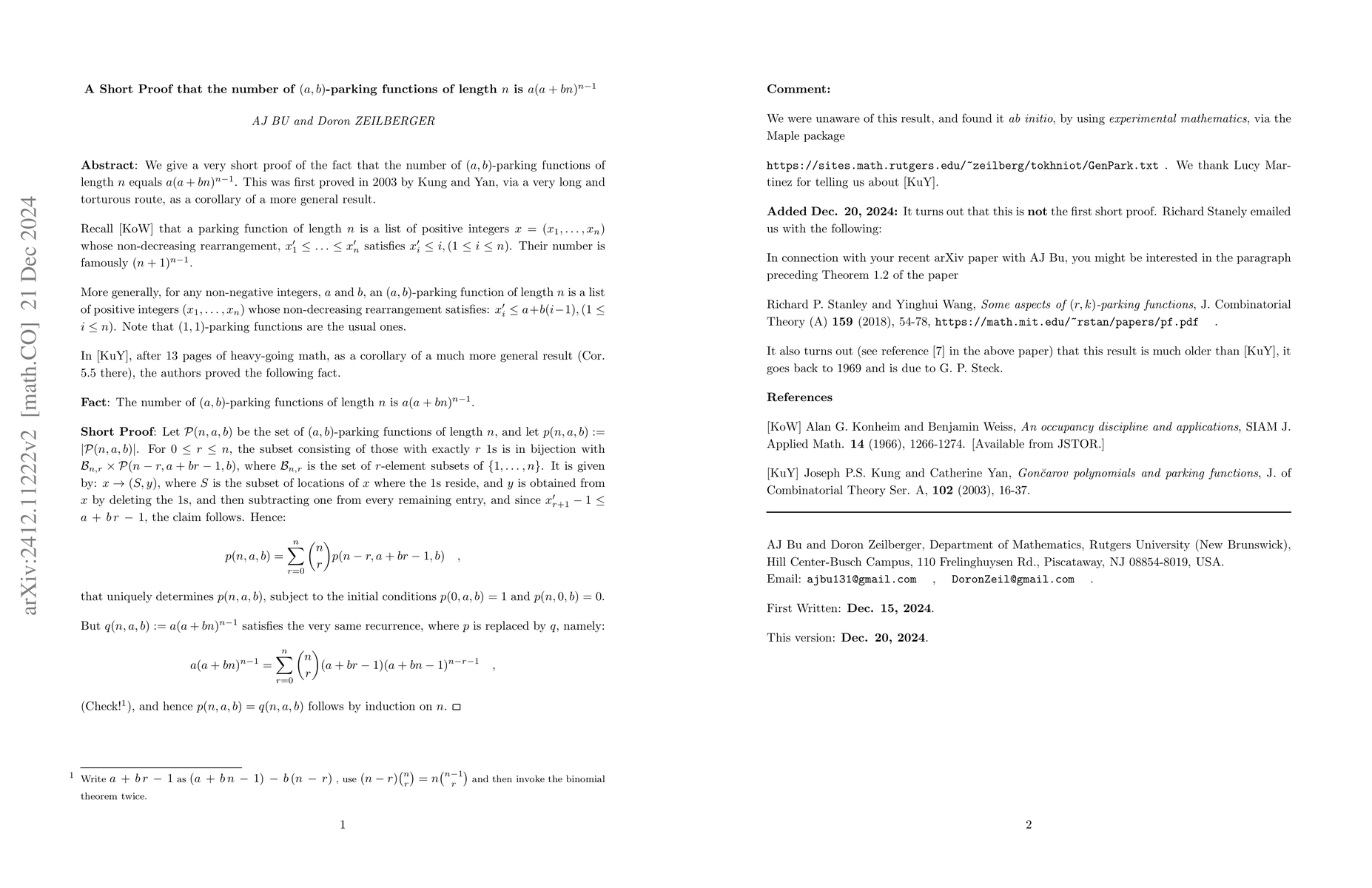 Thumbnail for A Short Proof that the number of $(a,b)$-parking functions of length n
  $a(a+bn)^{n-1}$