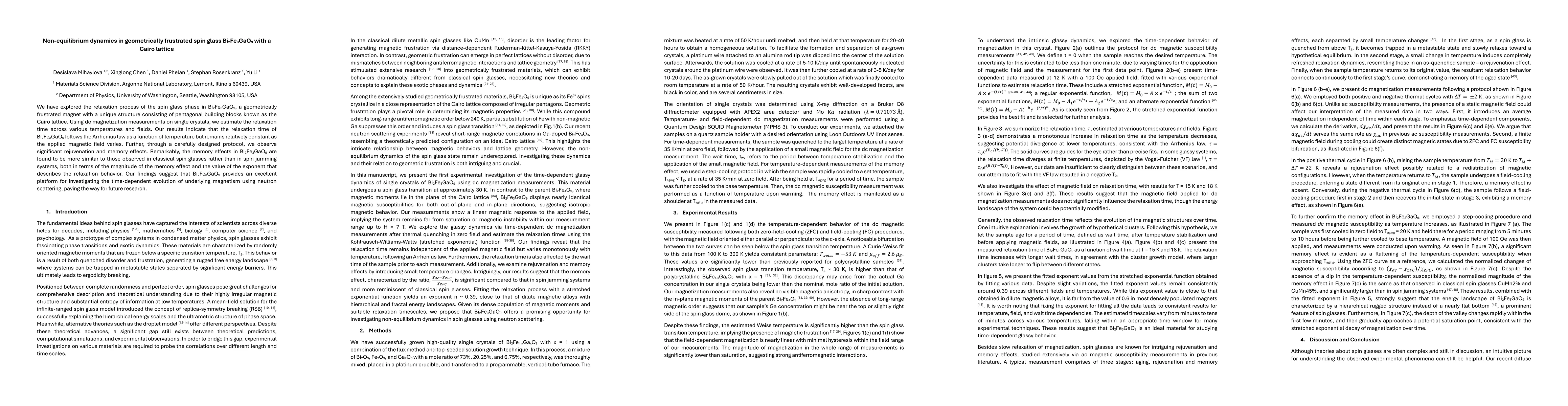Thumbnail for Non-equilibrium dynamics in geometrically frustrated spin glass
  Bi$_2$Fe$_3$GaO$_9$ with a Cairo lattice
