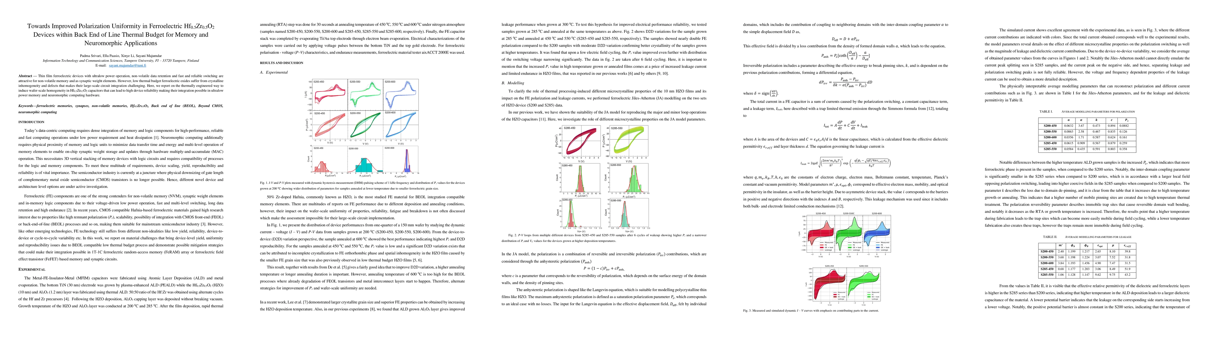 Thumbnail for Towards Improved Polarization Uniformity in Ferroelectric
  Hf$_{0.5}$Zr$_{0.5}$O$_2$ Devices within Back End of Line Thermal Budget for
  Memory and Neuromorphic Applications