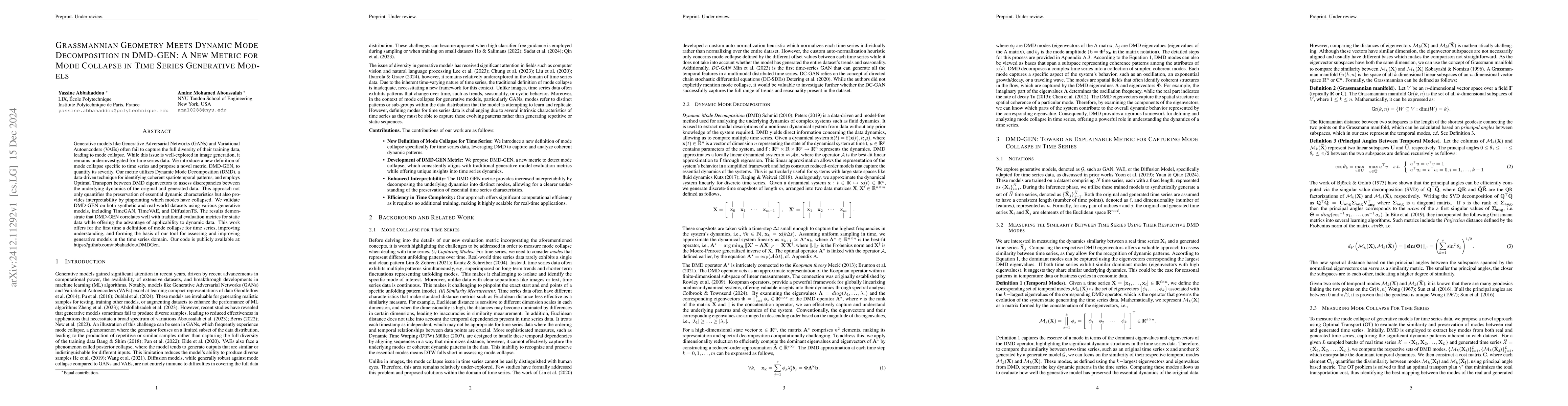 Thumbnail for Grassmannian Geometry Meets Dynamic Mode Decomposition in DMD-GEN: A New
  Metric for Mode Collapse in Time Series Generative Models