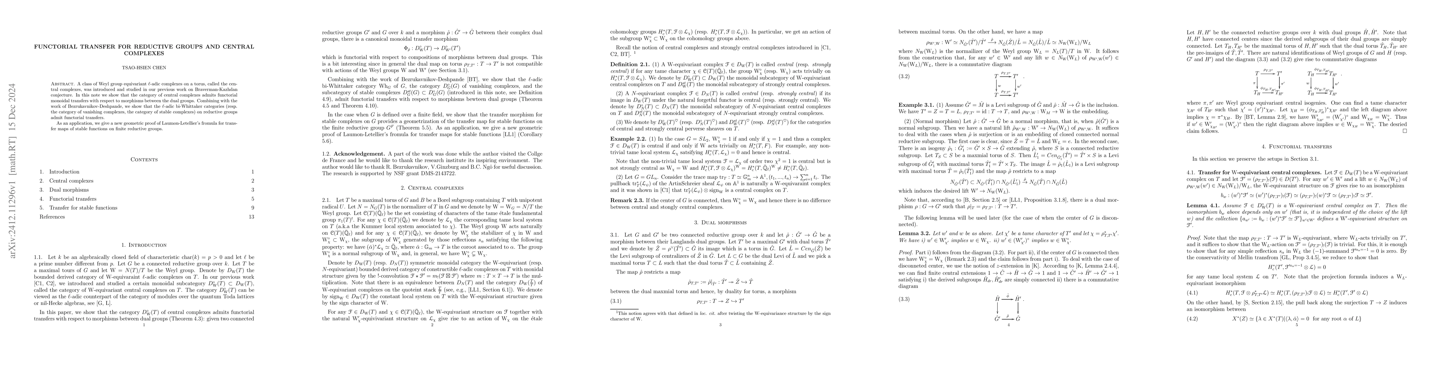 Thumbnail for Functorial transfer for reductive groups and central complexes