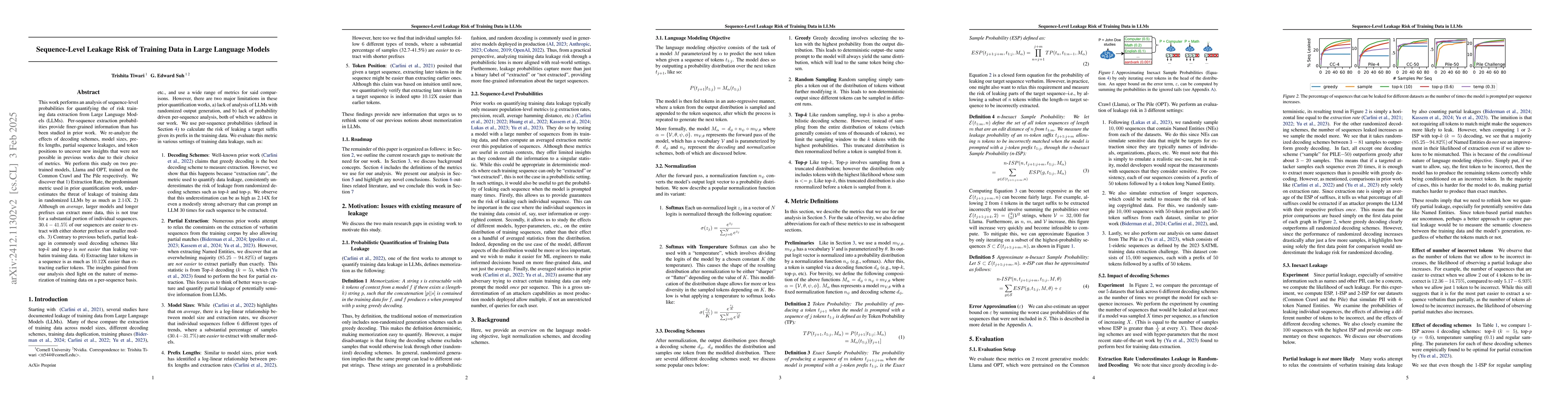 Thumbnail for Sequence-Level Analysis of Leakage Risk of Training Data in Large
  Language Models